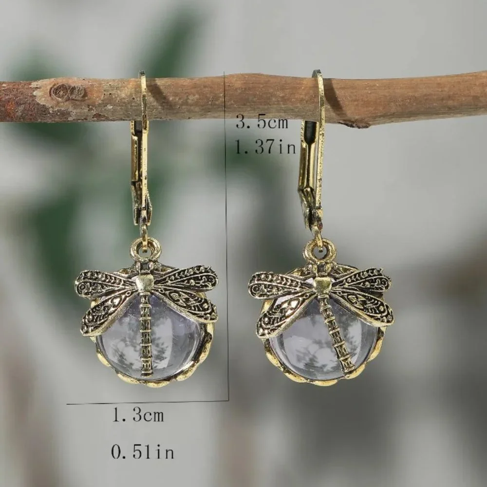 Vintage Style Grass Green Crystal & Aged Gold Dragonfly Boho Dangle Earrings NEW - Picture 3 of 4